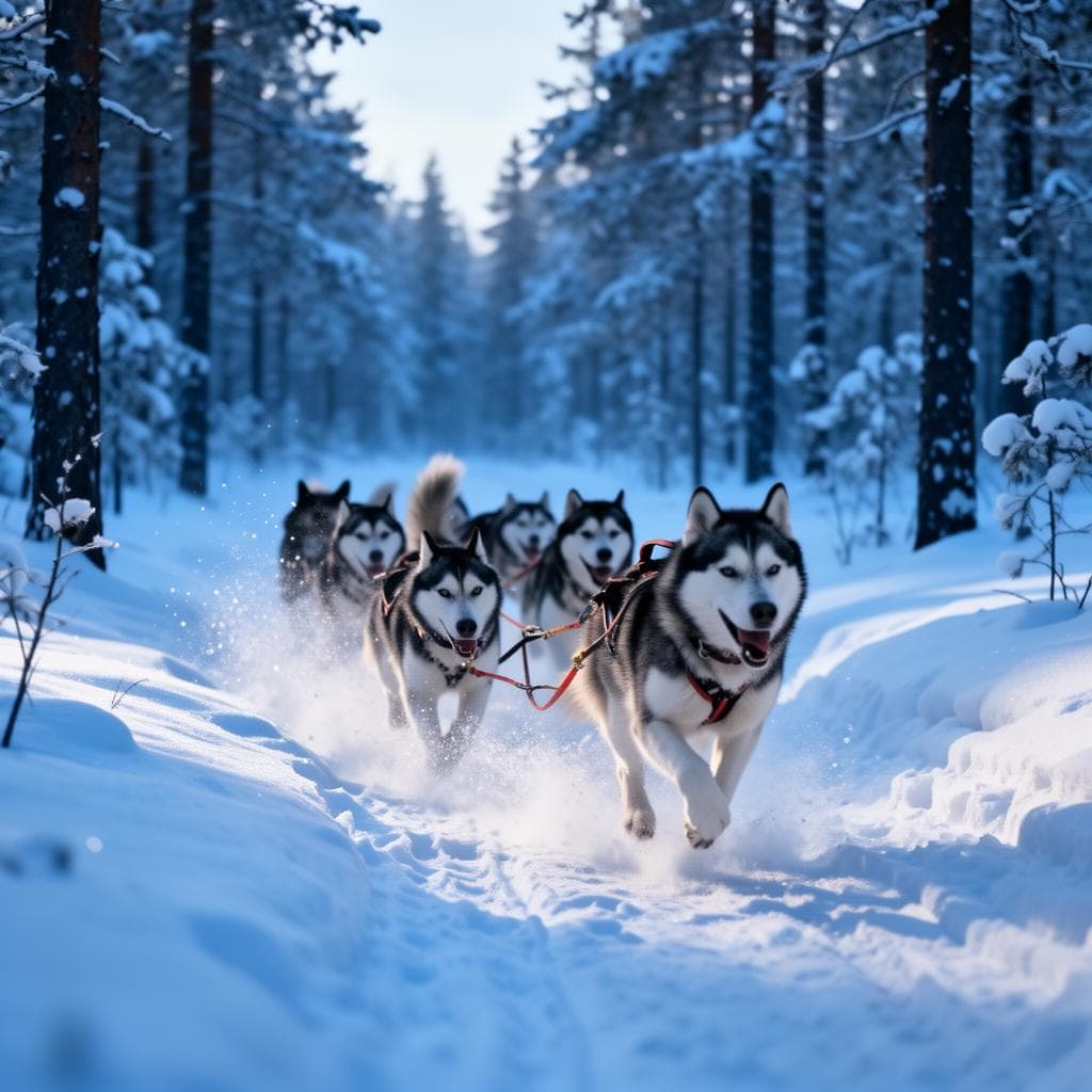 Excited husky team pulling a sled through a snowy forest trail near Rovaniemi
