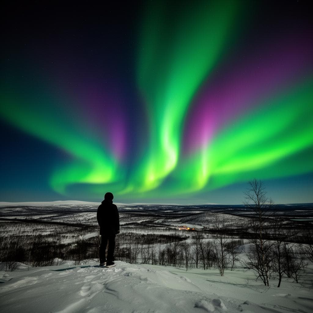 Green aurora borealis arching over a snow-covered pine forest outside Rovaniemi