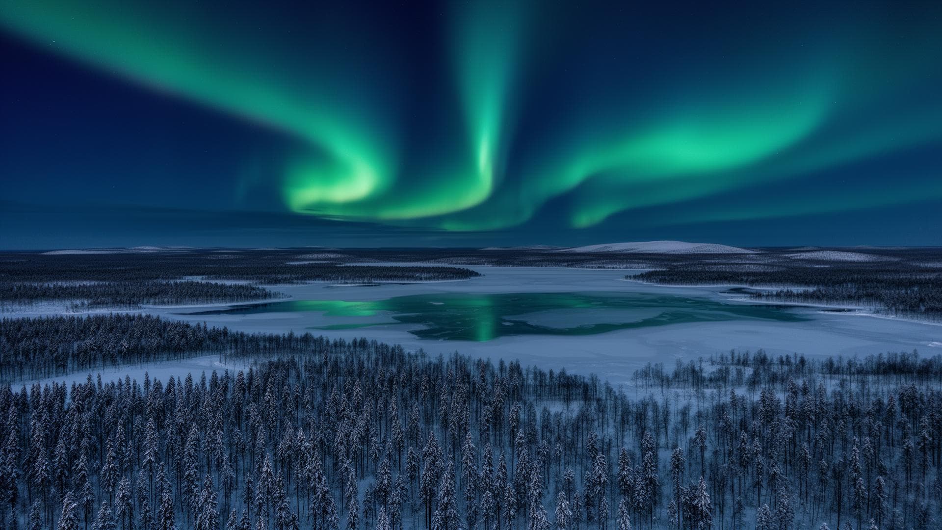 Northern lights aurora borealis dancing over snow-covered Finnish Lapland forest and frozen lake